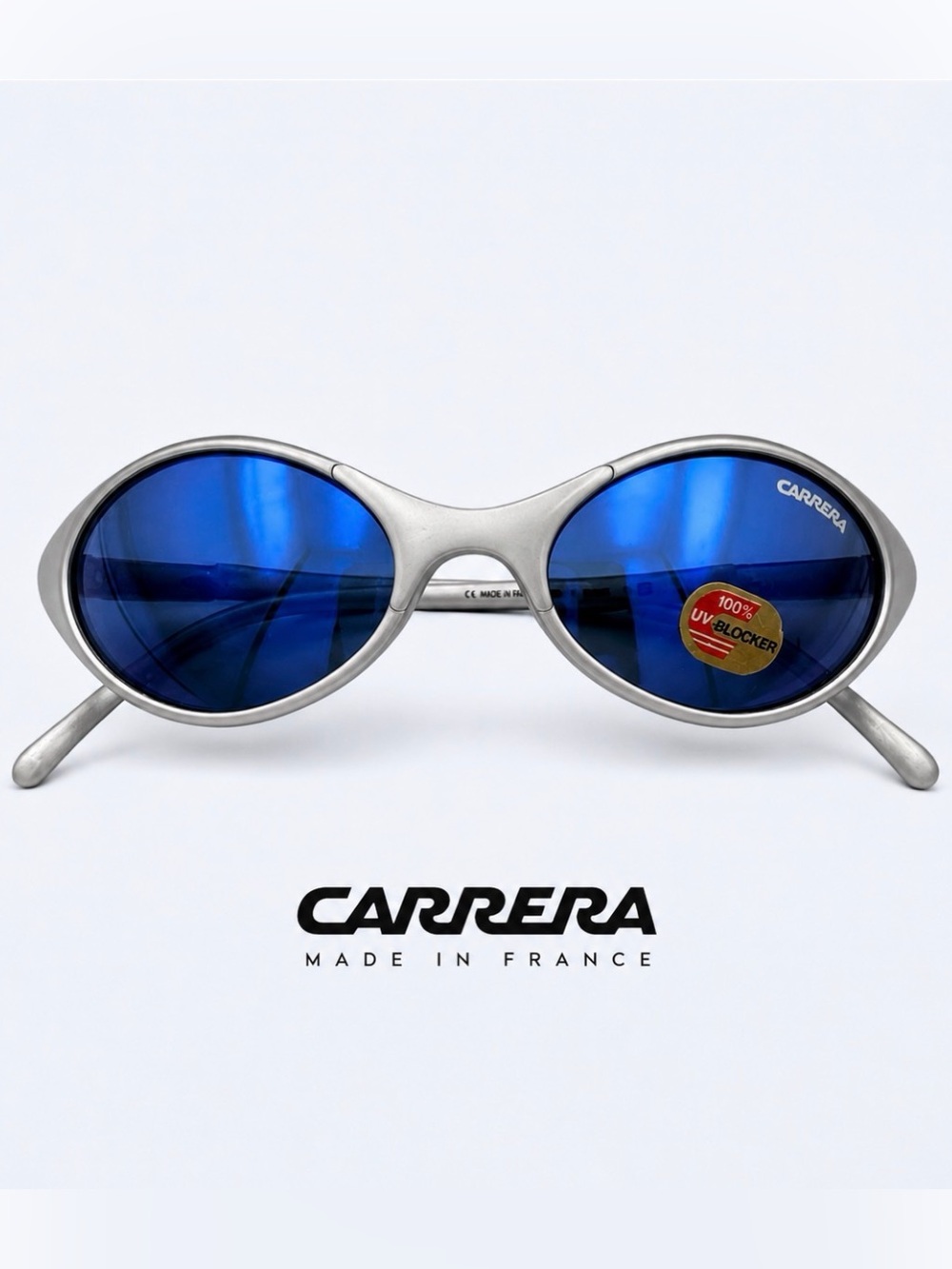 Vintage Carrera 4828 Oval Sunglasses Silver Blue Y2K Cyber Futuristic NOS Unused